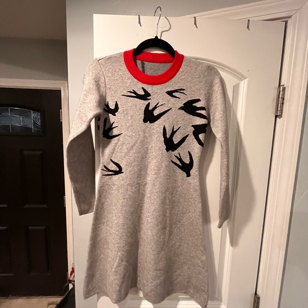 Gray Sweater Dress with Black Bird Pattern and Red Collar